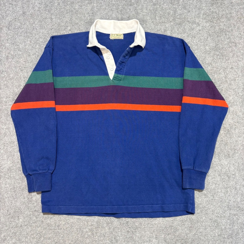 Vintage LL Bean Rugby Shirt Mens Large Blue Striped Long Sleeve Made in USA